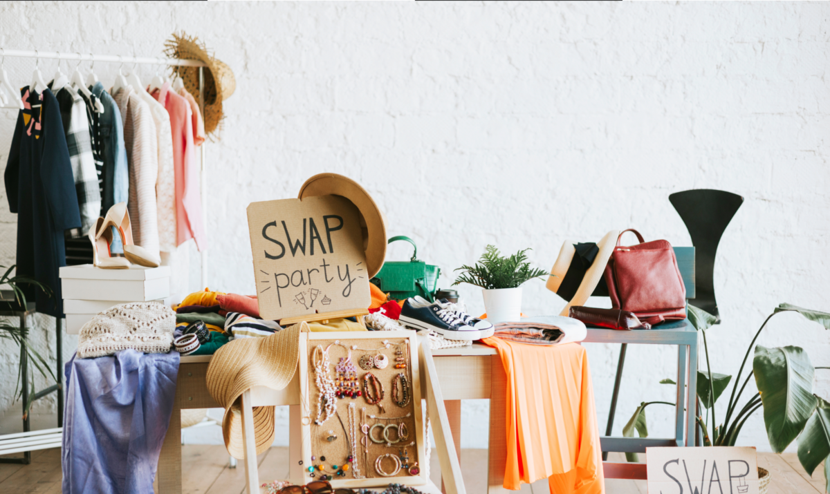 Clothing on table for a clothes swap