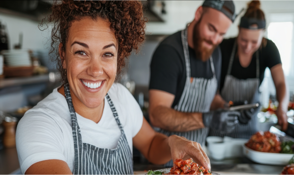 Happy people working at a cafe