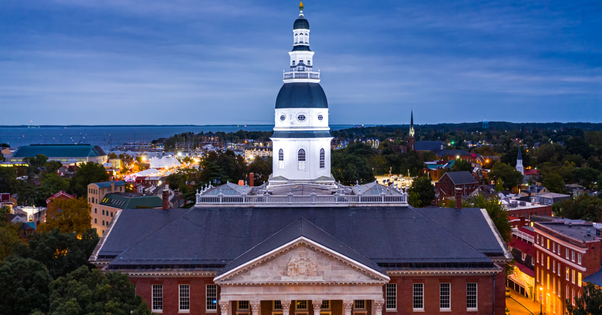 Maryland State House, in Annapolis, at dusk. The Maryland State House is the oldest U.S. state capitol in continuous legislative use, dating to 1772 and housing the Maryland General Assembly.