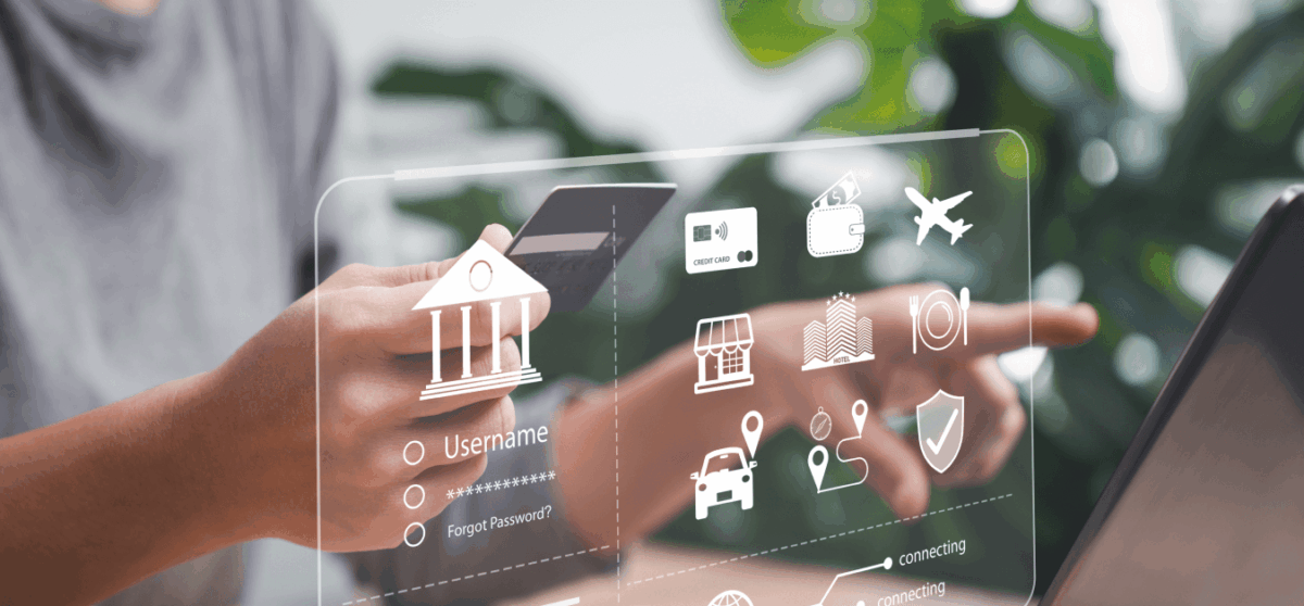 Online banking and payments, Smart travel plan on internet, Online transactions, Young women use laptop travel planning, Travel, booking hotel, car rent, shopping, Credit card money management