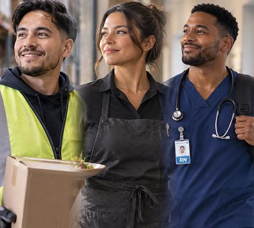 A warehouse worker, a restaurant server and a nurse smiling together